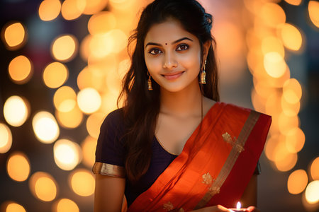 Young beautiful Indian woman at Diwali celebrationの素材