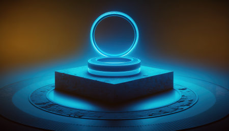 Futuristic portal. Science fiction podium, pedestal, platform. Modern empty cyberpunk space. Technological background. Sky-fi digital hi-tech elements for presentation product. AIの素材