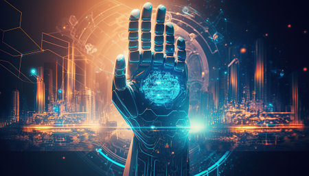Elements of the metaverse, robot hands on the background of the city.AIの素材