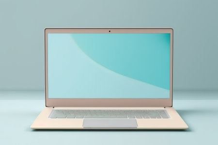 Blank display template for laptop. Template for advertising or page on website, marketing, presentation. Means of communication, presentation of modern gadget model. 3D illustrationの素材