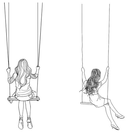 continuous line drawing of girl swinging on swingのイラスト素材