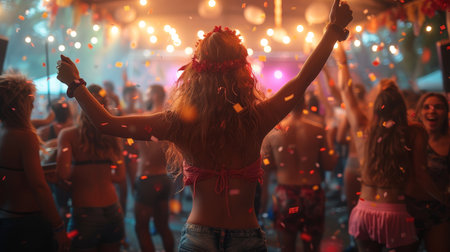 A summer night finds a group of young people partying outdoors at a live eventの写真素材