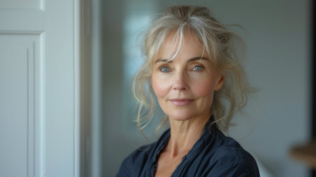 Isolated on white, stunning gorgeous mature woman in her 50s, looking at the camera. Mature old woman close-up portrait, healthy face skin care beauty, middle age skincare cosmetics, cosmetologyの素材