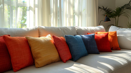 In the room, there is a sofa with colorful pillows
