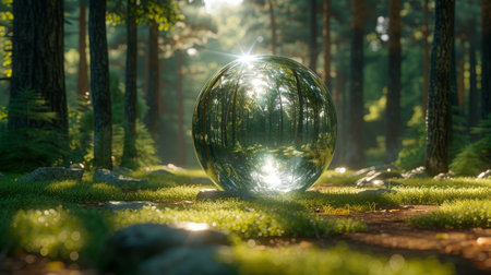 Globe Glass In A Green Forest With Sunlight - An Environmental Conceptの素材