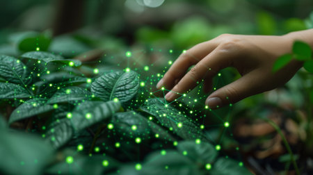 A finger touch is used with environment icons over a network connection on a natural background.の素材