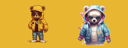 Stylish Cartoon Bears in Urban Outfits: A Vector Illustration of Modern Animal Characters Wearing...