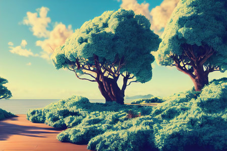 Forest trees with a green crown, large bushes and a sandy road under a blue sky with fluffy clouds 3d illustrationの写真素材