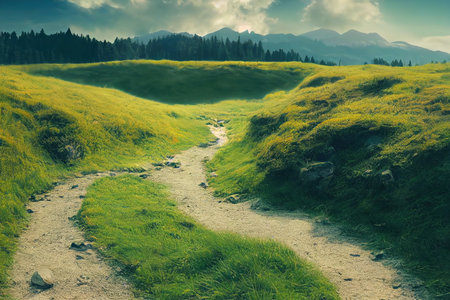 Green field with grass, rocks and trees in the distance under a blue sky with fluffy clouds, dirt road 3d illustrationの写真素材