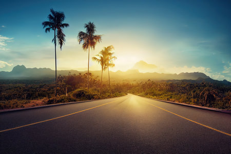Road with palm trees near an empty auto bobbin road under a blue cloudy sky and mountains 3d illustrationの写真素材