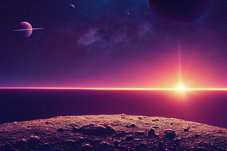 Landscape landscape of the planet under the purple rays of the sun 3d illustration