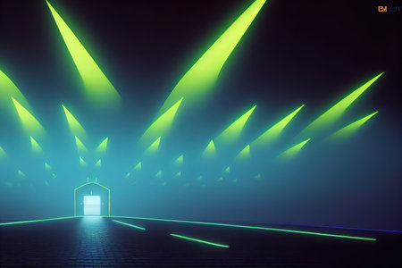 Modern empty futuristic room in neon cyberpunk style. Realistic cinematic light. Template, layout of...