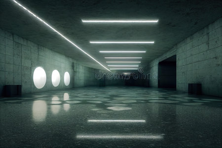 Modern empty futuristic room in neon cyberpunk style. Realistic cinematic light. Template, layout of...