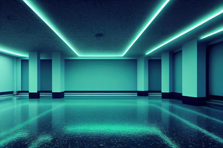 Modern empty futuristic room in neon cyberpunk style. Realistic cinematic light. Template, layout of...