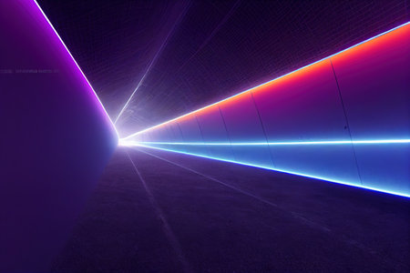 Modern empty futuristic room in neon cyberpunk style. Realistic cinematic light. Template, layout of cyber, premises, rooms. Tunnel with colorful neon lights 3D illustrationの写真素材
