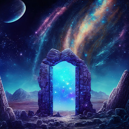 Fantastic crystal portal on alien planet under starry sky. Galaxy gate at desolated land. Space...