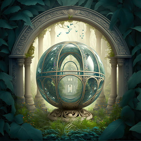 Raster illustration of magic sphere in the botanical garden. Portal in the clearing in the forest. Magic realism, science fiction, portal to another world, parallel worlds. 3D artworkの写真素材