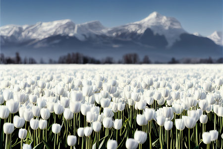 Raster illustration of a white tulips through snowy rocky highlands. Mountain, fields, nature,...