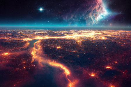 Raster illustration of earth snapshot from space, planet earth. satellite, beautiful galaxies and...
