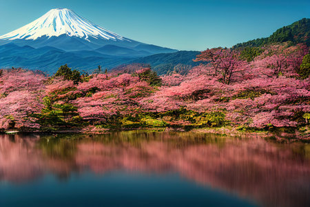 There are trees growing near the blue lake at the foot of the volcano. 3D renderingの写真素材