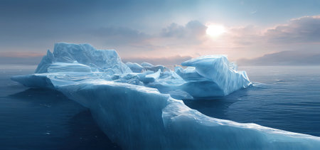 A peninsula of crissitally clear ice stretches into the ocean waters. 3D rendering