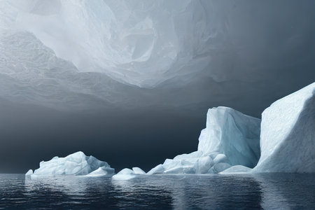 Large blocks of white ice float on the blue water. 3D illustrationの写真素材