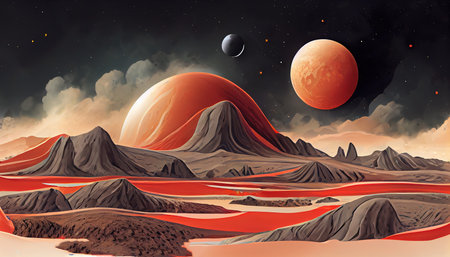 The picture in acrylics depicts the surface of the planet Mars. 3D illustration