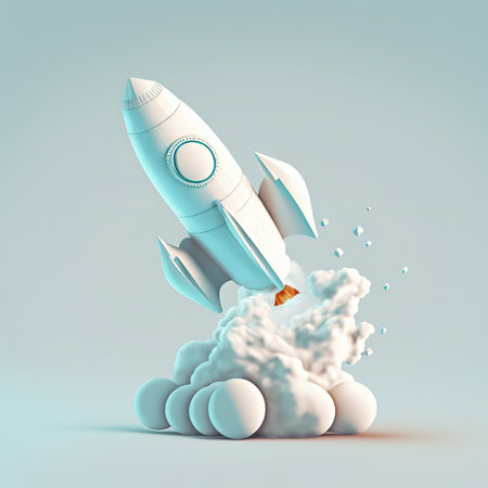 Rocket taking off with puffs of white smoke Isolated on white background. Cartoon mimal soft style. 3d illustrationの写真素材