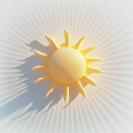 Yellow sun with big rays Isolated on white background. Cartoon mimal soft style. 3d illustration