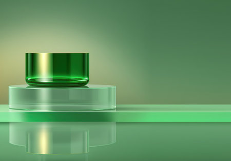 Green glass display stand against a green background. 3d illustrationの写真素材