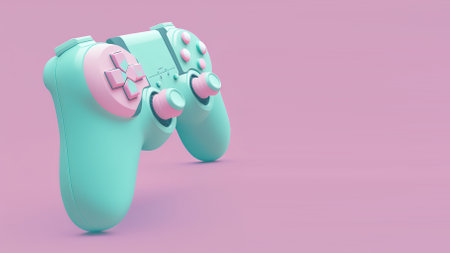 Funny, ultra soft Joystick gamepad isolated on pink background. Pastel colors. Colorful poster and...