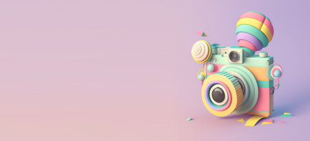 Funny, ultra soft Photo camera isolated on pink background. Pastel colors. Colorful poster and banner. Cartoon minimal air style. 3D illustrationの写真素材