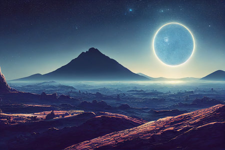 Alien planet with stones and mountains under a twilight starry sky and a big moon 3d illustration