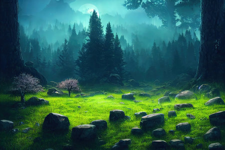 Landscape in the night forest with trees and stones, green grass and spots on the ground under the moonlight 3d illustrationの写真素材