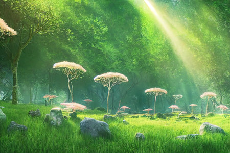 Forest glade with green grass in daylight, trees, stones and sun spots on the grass 3d illustrationの写真素材