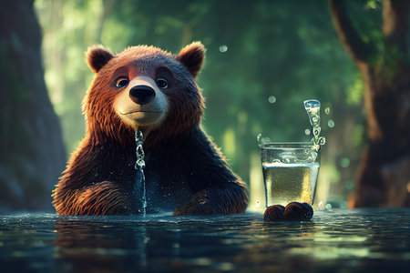 A brown bear on a green meadow against the backdrop of a forest drinks water from a reservoir on a clear day 3d illustrationの写真素材