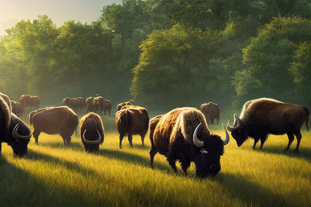 Clear summer day on a green field and a herd of bison on it under a blue clear sky 3d illustrationの写真素材