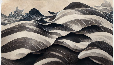 Black and white brush stroke texture with Japanese ocean wave pattern in vintage style 3d...