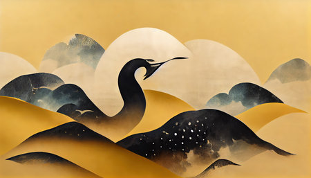 Crane birds and abstract landscape background with Japanese wave pattern and icon 3d illustrationの写真素材