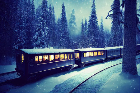 Winter forest in the evening with pine trees covered with snow. Train rides on rails with lights in...