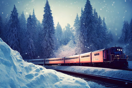 Winter forest with pine trees covered with snow. Train rides on rails with spotlights 3D illustration.の写真素材