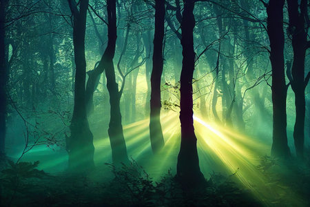 Dark dense forest with moss on the ground, at sunset, bright rays of light through tree trunks 3D...