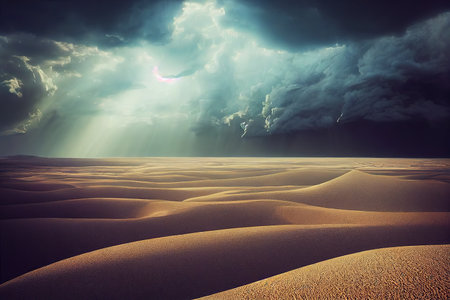 Desert with yellow sand and gray sky on the horizon with sandy clouds 3D illustration.