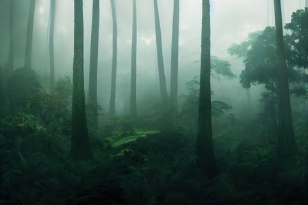 Foggy night jungle forest, dark trees in white mist 3D illustration.