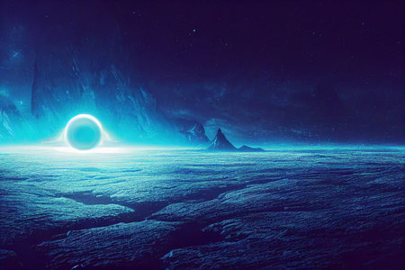 Fantasy night landscape with a sphere on the horizon in neon light, mountain landscape of an unknown planet 3D illustration.の写真素材