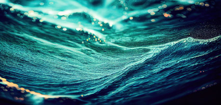 Night seascape with beautiful waves and foam on them. Night ocean. Reflection in the water of the...