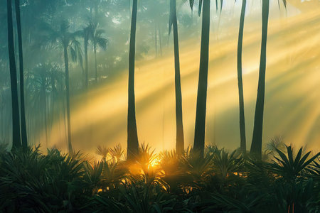 Forest with palm trees at sunset, sunbeams on tree trunks 3D illustration.の写真素材