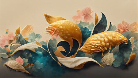 Gold fish decoration, Japanese background with hand drawn wave pattern 3d illustrationの写真素材