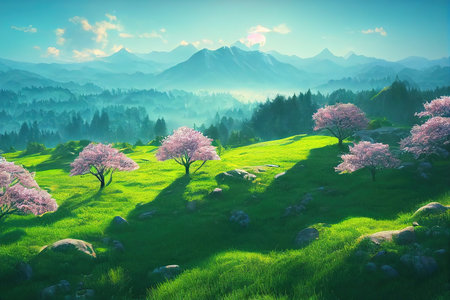 Landscape with a green field, rocks and trees under a blue sky with clouds 3d illustrationの写真素材