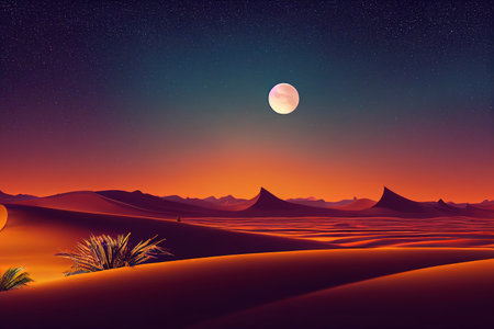 Night desert under a starry sky with a full moon and small rare plants 3d illustrationの写真素材
